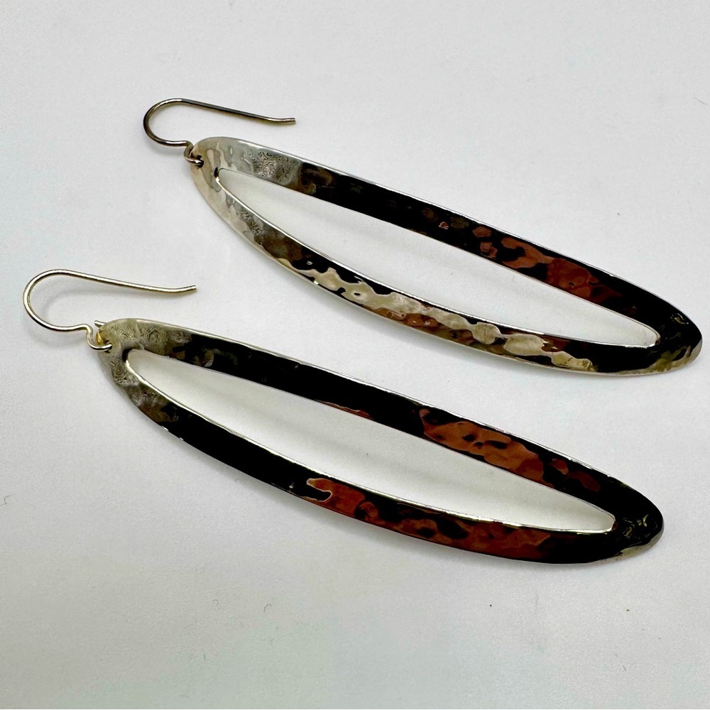 Vintage 925 Sterling Silver DDD Mexico long hammered dangle earrings.